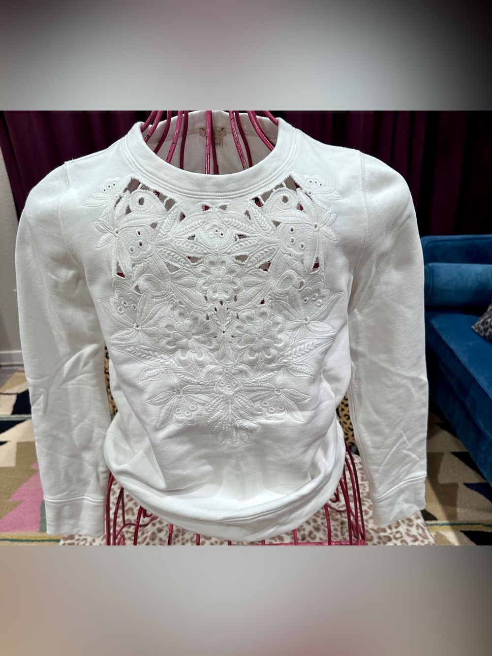 J. Crew White Women's Embroidered Sweatshirt - Floral Cutwork